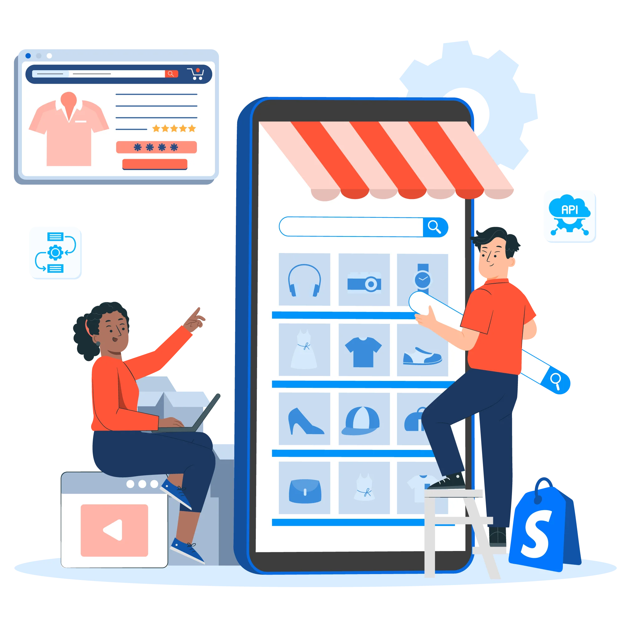 People using mobile app to manage online store products