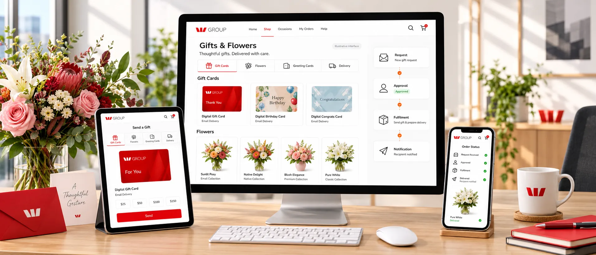 n8n automation case study visual showing Westpac gift card and flower delivery requests connected to approval and notification workflow