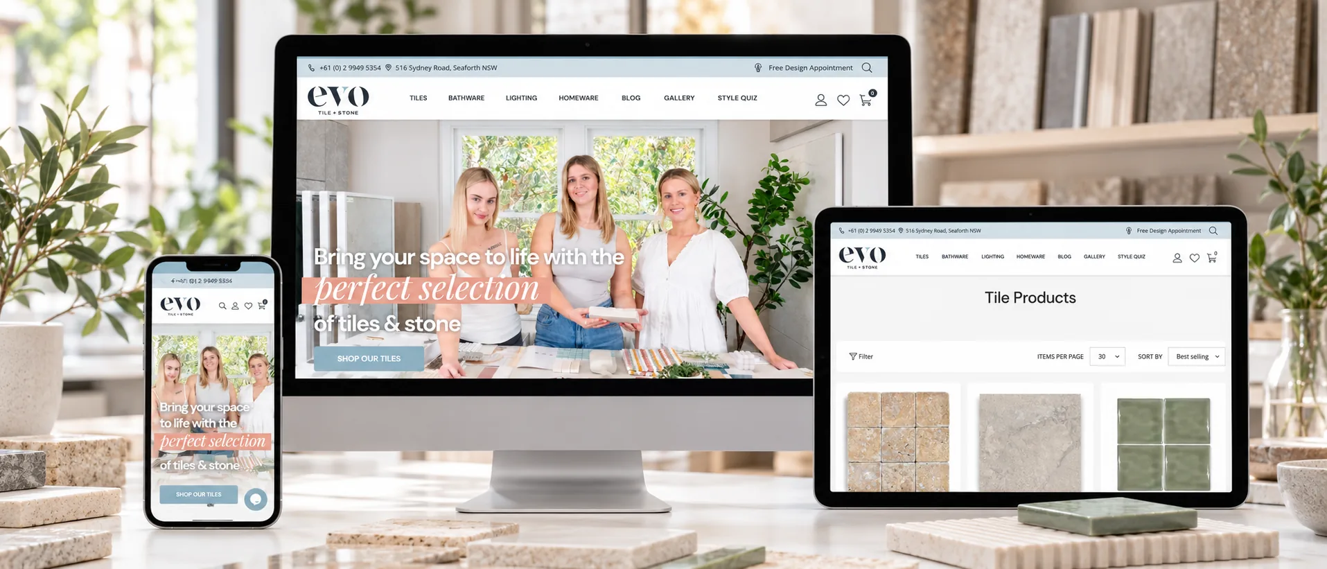 Evo Tile & Stone Shopify website shown on desktop, tablet and mobile, with the headline Bring your space to life with the perfect selection of tiles and stone