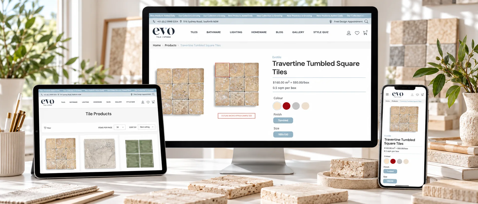 Evo Tile & Stone travertine tumbled square tiles product page on desktop, tablet and mobile, showing price per square metre and per box with 0.5 sqm per box