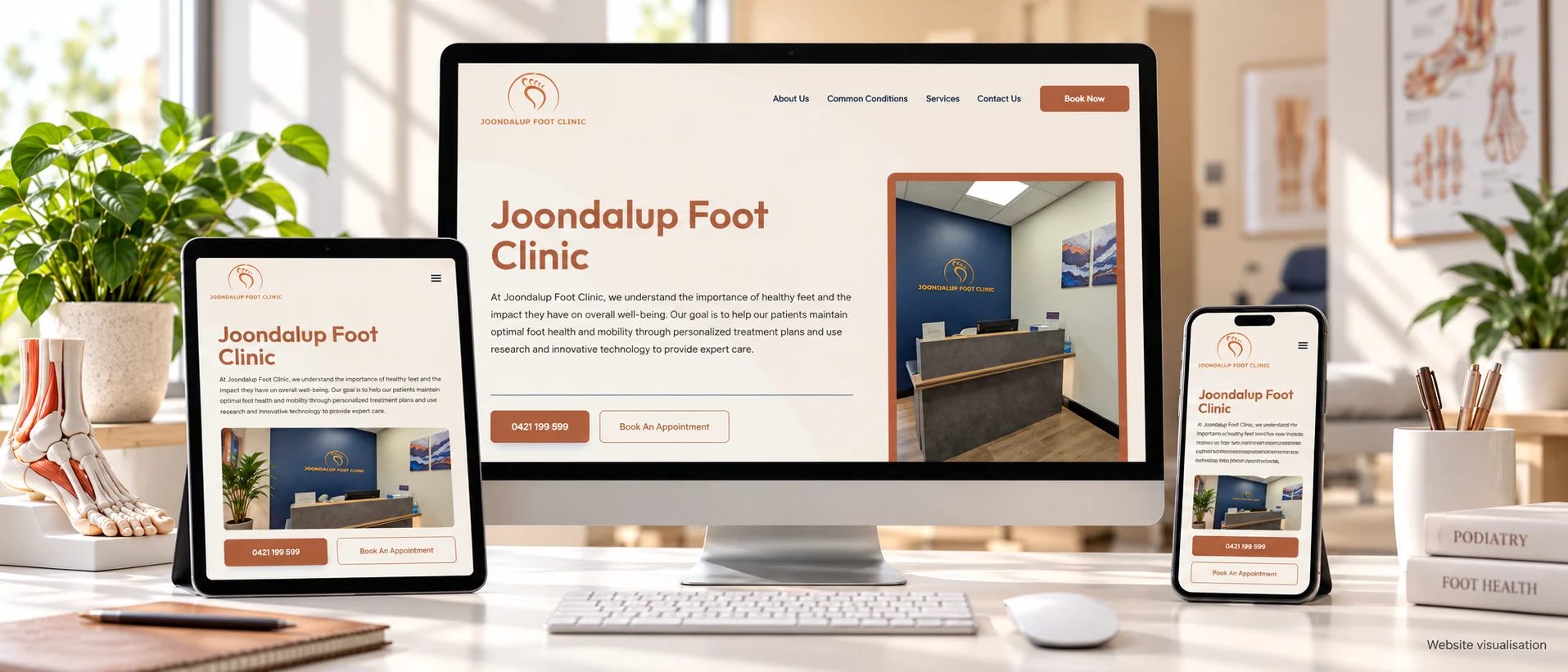 Joondalup Foot Clinic website shown on desktop, tablet and mobile with the clinic reception photo, phone number and Book An Appointment buttons