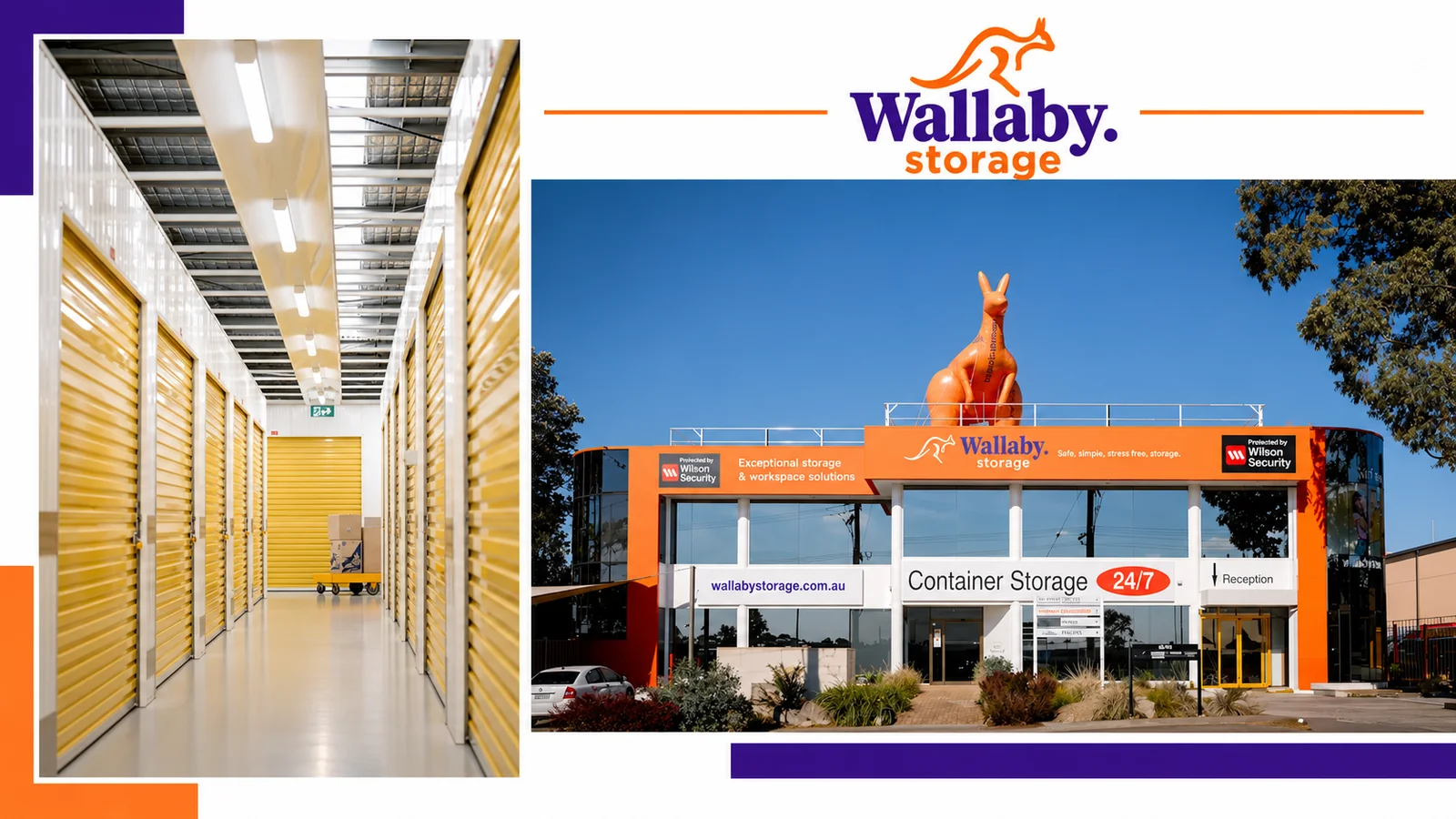 Wallaby Storage interior corridor and orange building exterior