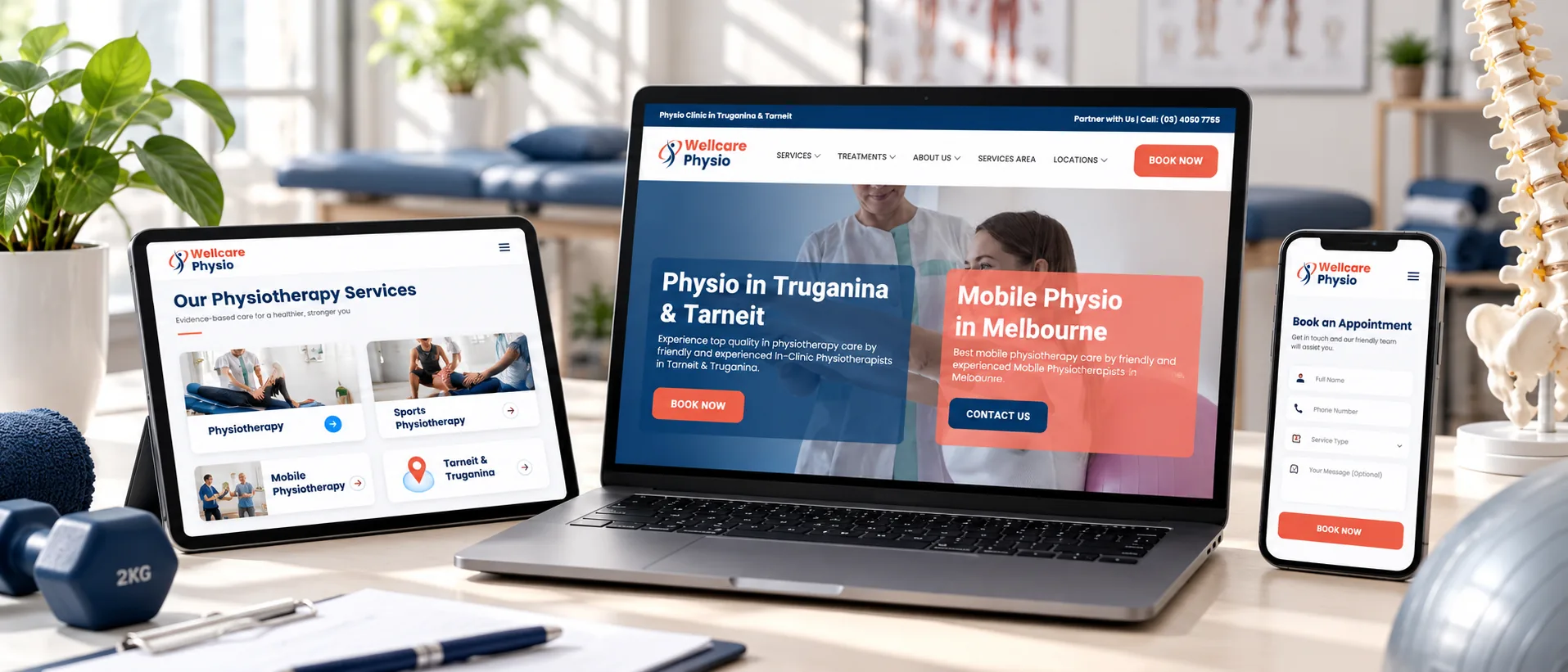 Wellcare Physio physiotherapy services page and appointment booking form shown on tablet, laptop and mobile