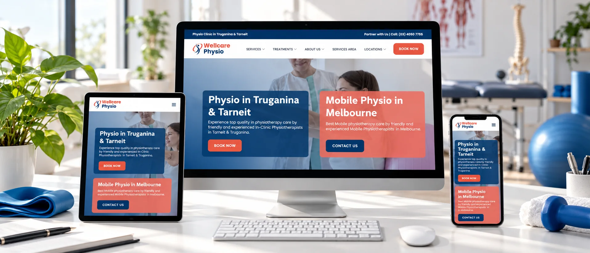 Wellcare Physio website shown on desktop, tablet and mobile, with Physio in Truganina and Tarneit and Mobile Physio in Melbourne